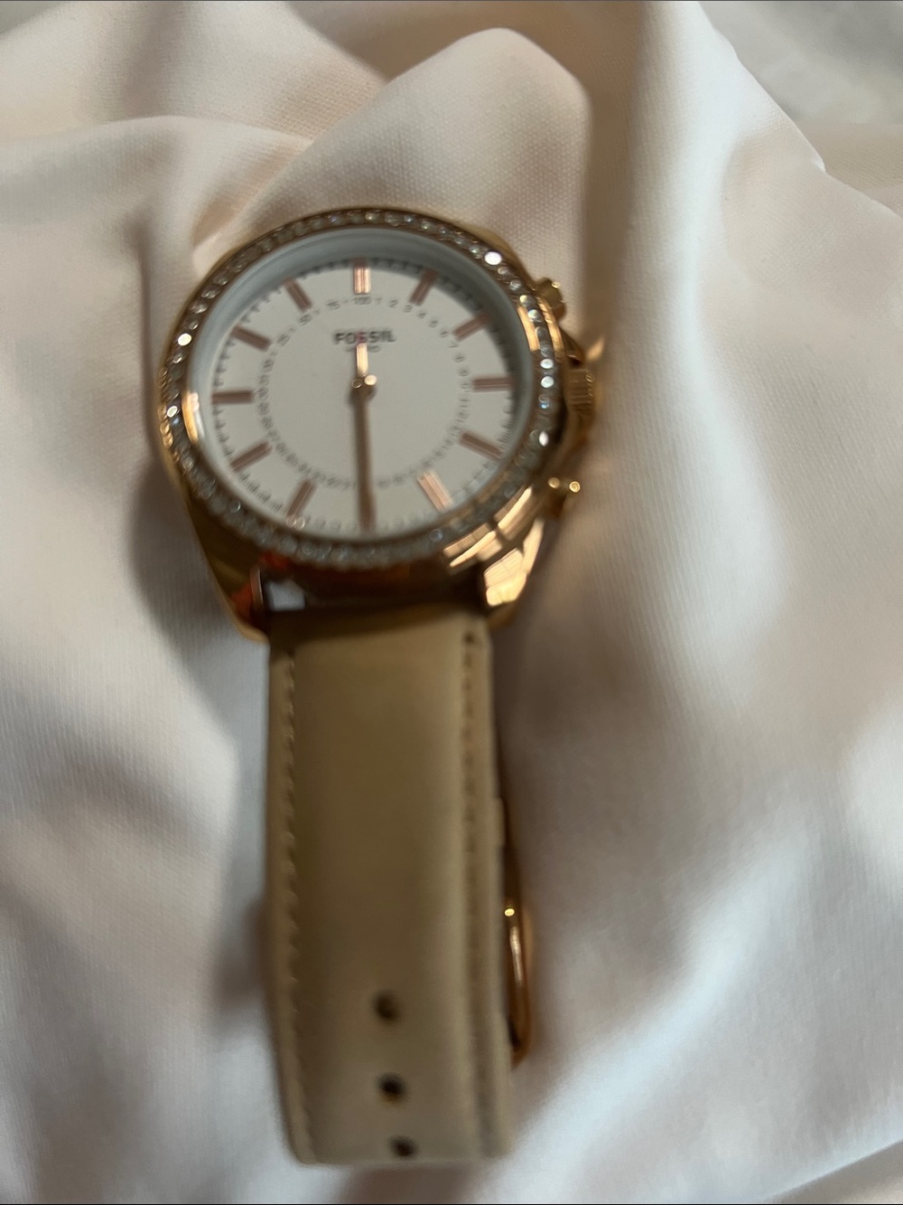 Fossil Rose Gold Case Beige Leather Strap Watch with Crystal Accents